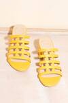 Shop_Myra_Yellow Plain Leather Checkered Block Heels_at_Aza_Fashions