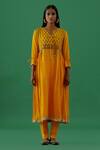 Shop_5elements_Yellow Cotton Placement Embroidery Cresent Moon Silk Brocade Yoke Anarkali Set _at_Aza_Fashions