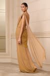 Shop_Tarun Tahiliani_Brown Shot Chiffon Plain V Neck Concept Pre-draped Saree With Fluted Corset _at_Aza_Fashions