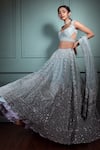 Shop_Pallavi Poddar_Blue Organza Embroidery Mirror Leaf Neck Alpha Geometric Bridal Lehenga Set _at_Aza_Fashions