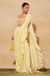 Shop_DiyaRajvvir_Yellow Cotton Silk Embroidered Ruffle Pre-draped Skirt Saree Set _at_Aza_Fashions