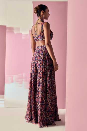 Shop_Ridhi Mehra_Blue Blouse Net Printed Floral Cape Open Ewaz Sharara Set  _at_Aza_Fashions