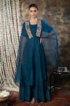 Shop_Kesar Studio_Blue Silk, Organza Pearls, Embroidery Square Placket Embellished Draped Gown_at_Aza_Fashions