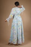 Vana Ethnics_Blue Viscose Sequins, Cut Work V-neck Vintage Botanical Print Gathered Dress _Online_at_Aza_Fashions
