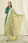 Shop_Naintara Bajaj_Green Cotton, Silk Embroidery Floral Pattern Fringe Hem Dupatta _at_Aza_Fashions