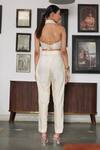 Shop_GG By Asha Gautam_White Silk, Brocade Floral Pattern Handwoven Crop Corset Jacket And Pant Set_at_Aza_Fashions