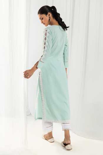 Shop_Roze_Blue Cotton, Chiffon Embroidery, Lace, Tassels Eden Sleeve Embellished Kurta Set _at_Aza_Fashions