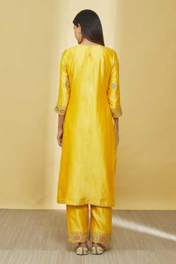 Shop_Surbhi Shah_Yellow Silk, Organza Sequins, Applique, Embroidery, Tassels Dori Kurta Set _at_Aza_Fashions