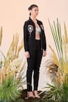 Shop_Shahin Mannan_Black Denim Rainbow Mandarin Collar And Rose Bomber Jacket Pant Set  _at_Aza_Fashions