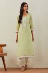 Buy_The Indian Cause_Peach Cotton Embroidery Round Neck Rozana Kurta And Palazzo Set _at_Aza_Fashions