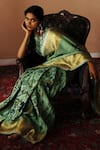 Shop_Archana Jaju_Green Saree Handloom Cotton Kanjeevaram And Blouse Hand Painted & With _at_Aza_Fashions