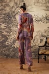 Shop_Kalista_Purple Viscose Moss Printed Botanical Notched Pattern Blazer And Pant Set _at_Aza_Fashions