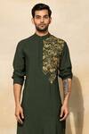 Shop_Diyarajvvir_Green , Satin Embroidery Geometric Placement Kurta Set _at_Aza_Fashions