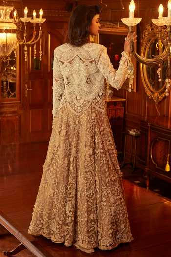 Shop_Ridhima Bhasin_Beige Organza Pearls, Sequins, Beads Iltija Embroidered Jacket Lehenga Set _at_Aza_Fashions