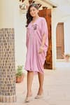 Shop_Palak & Mehak_Pink Rayon Crepe Lurex Printed Floral V Neck Aaliyah Stripe Kaftan Dress _at_Aza_Fashions