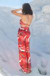 Shop_Tizzi_Red Chiffon, Satin Floral Print Straight Flared Pant_at_Aza_Fashions