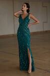 Shop_Nadine Dhody_Green Tulle Embroidery Sequin V Neck Gaia Gown  _at_Aza_Fashions