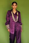 Shop_Esha Arora_Purple Cotton Satin Embroidery Geometric Collared Neck Shirt And Pant Set _at_Aza_Fashions