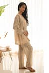 Shop_Banera_Beige Cotton Hand Printed Striped Round Top And Pant Set For Women_at_Aza_Fashions