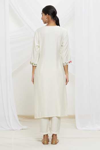 Cream Kurta Digital Print With Single Thread Work Aligadhi Pant