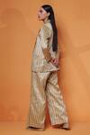 Shop_Taisha_Brown Pure Katan Silk Handwoven Fekua Geometric Pattern Blazer Notched Pant Set _at_Aza_Fashions