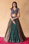 Shop_Shachi Sood_Green Blouse And Lehenga Dupion Silk Printed Floral V Neck Flower Set _at_Aza_Fashions