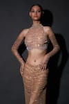 Shop_Itrh_Beige Net Crystals, Sequins High Neck Oriana Attire Top And Ruched Skirt Set _at_Aza_Fashions