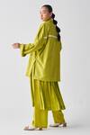Shop_Three_Green Tunic Crepe Jacket Lapel Wide Sleeve Pant Set _at_Aza_Fashions