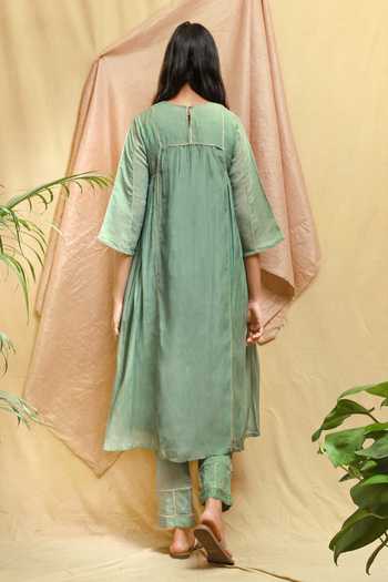 Shop_Chambray & Co._Green Chanderi, Muslin Embroidery Round Neck Kurta And Pant Set _at_Aza_Fashions