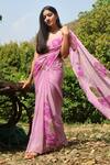 Shop_Meghstudio_Purple Viscose Chiffon Hand Painted Hibiscus Saree With Unstitched Blouse Piece _at_Aza_Fashions