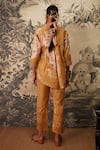 Shop_Kalista_Yellow Cotton Slub Hand Painted Floral Mandarin Collar Olivia Tunic And Pant Set _at_Aza_Fashions