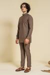 Shop_Abkasa_Brown Terry Rayon Gold Zari Mandarin Collar Kurta And Trouser Set  _at_Aza_Fashions