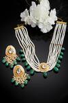 Buy_Dugran By Dugristyle_Orange Pearls, Stones Emerald Embellished Pendant Necklace Set _at_Aza_Fashions
