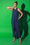 Shop_Echke_Blue Satin Round Neck Front Draped Solid Jumpsuit _at_Aza_Fashions