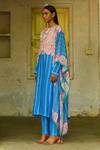 Shop_Swati Vijaivargie_Blue Silk Embroidery, Tassels Boat Neck Champa Floral Print Kurta Set _at_Aza_Fashions