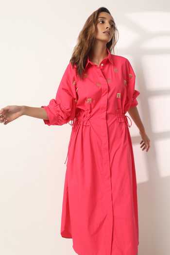 Shop_Studio Moda India_Pink Cotton Collared Dale Batwing Sleeve Dress _at_Aza_Fashions