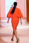 Shop_Pankaj & Nidhi_Orange Jersey Solid Straight Neck Soleil Puff Sleeve Top  _at_Aza_Fashions