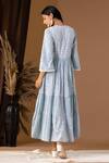 Shop_Abbaran_Blue Cotton Embroidery, Cut Work V-neck Floral Pattern Tiered V Dress _at_Aza_Fashions