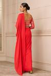 Shop_Tarun Tahiliani_Red Blouse  Foil Jersey Hand Embroidered Jewelled Concept Pre-draped Saree With _at_Aza_Fashions