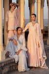 Shop_PREEVIN_Pink Peplum Top Cotton Mulmul Embroidery Thread Angrakha Sharara Set _at_Aza_Fashions