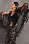 Shop_Jyoti Sachdev Iyer_Black Velvet, Organza Embroidery, Feathers V-neck Border Cape And Trouser Set _at_Aza_Fashions
