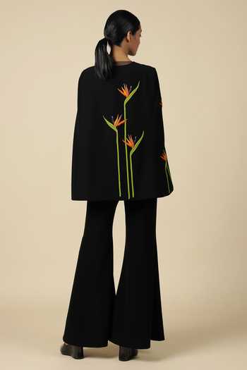 Shop_Shahin Mannan_Black Crepe Bird Of Paradise Cape With Flared Pant _at_Aza_Fashions