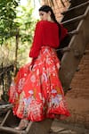 Shop_Vana Ethnics_Red Linen And Viscose Tropical Print, Sequin & Bugle Floral Shirt & Lehenga Set _at_Aza_Fashions
