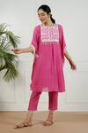 Shop_OMI_Pink Linen, Crepe Embroidery, Lace Round Neck Floral Yoke Kaftan And Pant Set_at_Aza_Fashions