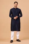 Shop Hilo Design Blue Cotton, Silk, Lycra Mandarin Collar Straight Kurta Set at Aza Fashions Shop_Hilo Design_Blue Cotton, Silk, Lycra Mandarin Collar Straight Kurta Set _at_Aza_Fashions