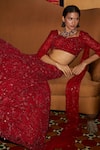 Shop_Nadine Dhody_Red Tulle Hand Embroidery Sequin Athena Flower Bridal Lehenga Set  _at_Aza_Fashions