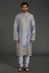 Shop_Rar Studio_Blue Chanderi Handloom (50%silk X 50%cotton) Kurta And Pant Set  _at_Aza_Fashions