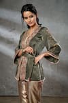 Shop_Aditi Somani_Green Silk Suede Hand Embroidered Geometric Kimono Jacket _at_Aza_Fashions
