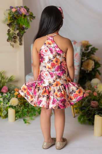 Shop_Lil Angels_Multi Color Satin, Cotton Floral Print Dress _at_Aza_Fashions