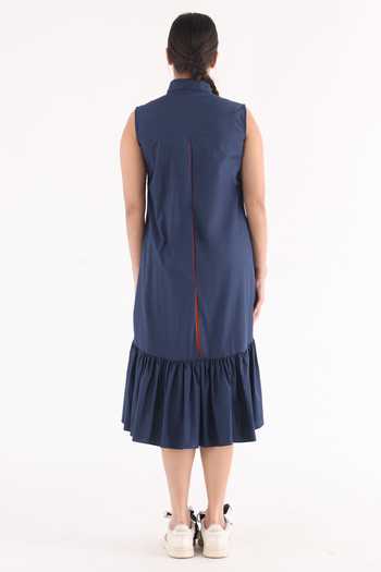 Shop_Studio Moda India_Blue Cotton Collared Asymmetric Hem Woven Shirt Dress _at_Aza_Fashions